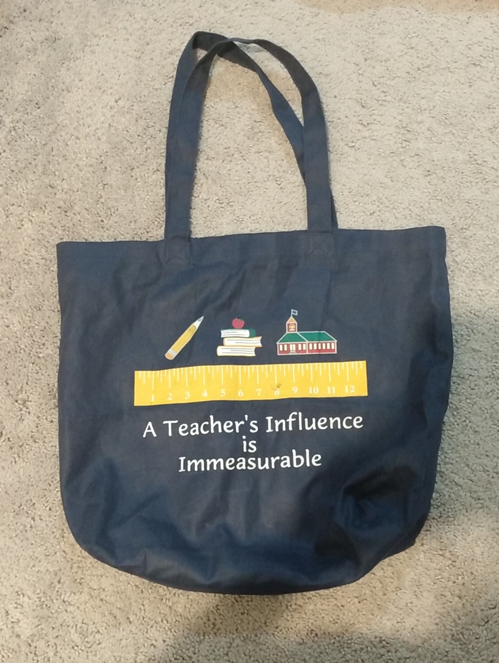 Navy Teacher Tote Bag with Yellow Ruler Graphic